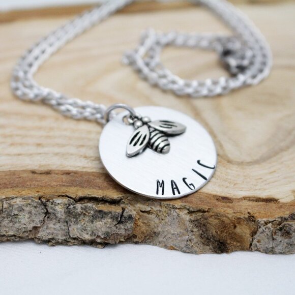 Bee Magic - Hand Stamped Pendant w/ 18" Chain - Handmade & Hypoallergenic - Picture 1 of 6